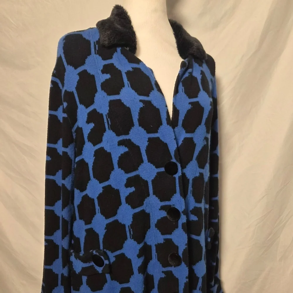 Michael Simon RARE Vintage Geometric Blue Faux Fur Collared Cardigan Sweater L
